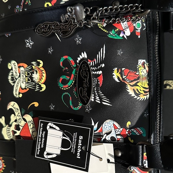 Ed Hardy Black Satchel with Colorful Tattoo Design - Picture 3 of 11